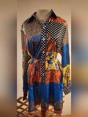 Patchwork Print Long Sleeve Shirt Dress in Blue & Orange